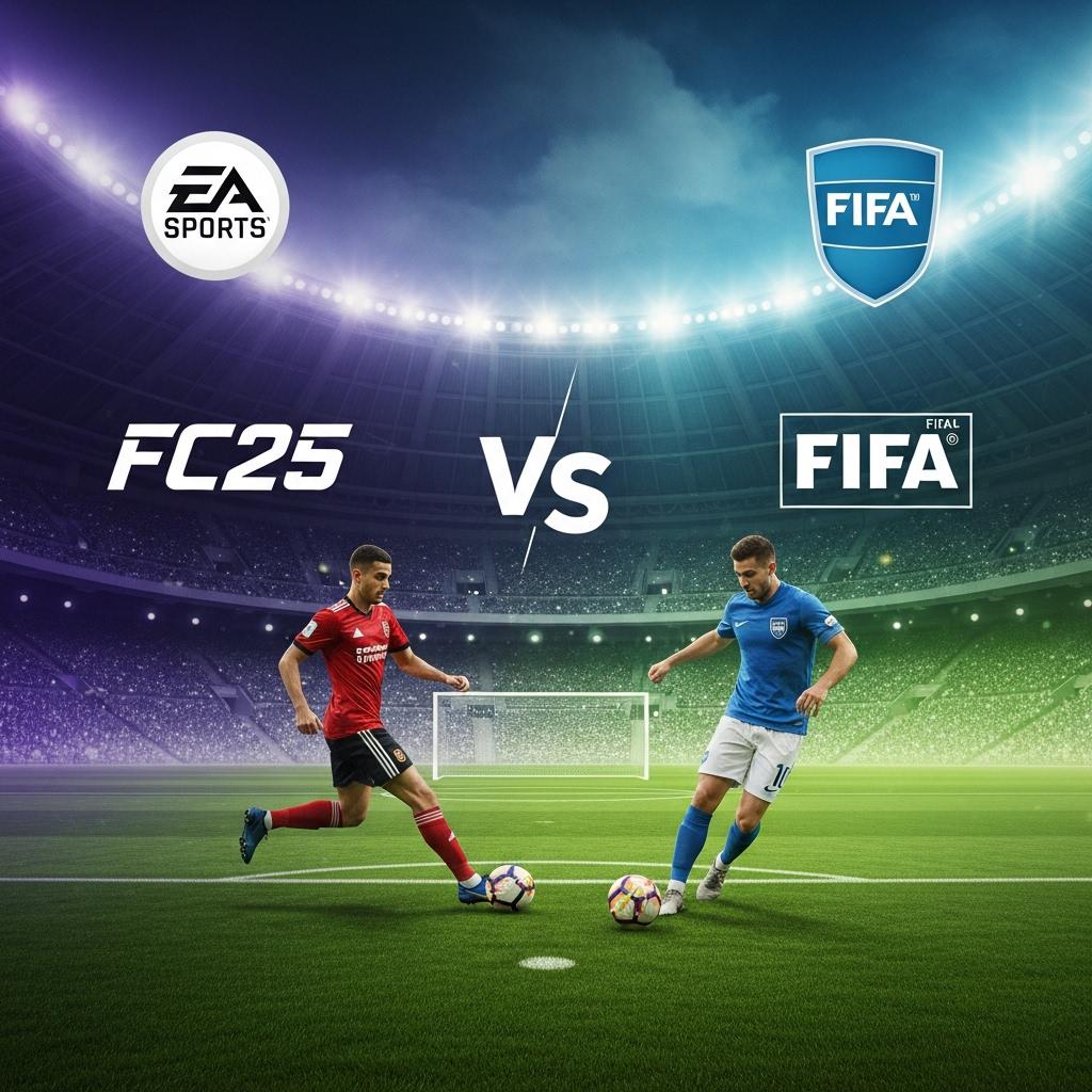 Alt: رقابت فوتبال بین EA Sports FC25 و FIFA با حضور لوگوهای دو شرکت.